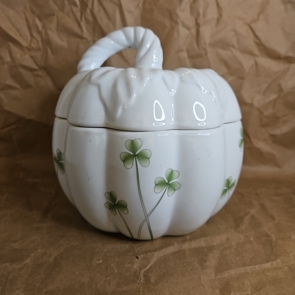 Marcus Notley Ireland Porcelain Pumpkin Canister Cookie Jar w Clover St Pats 8"